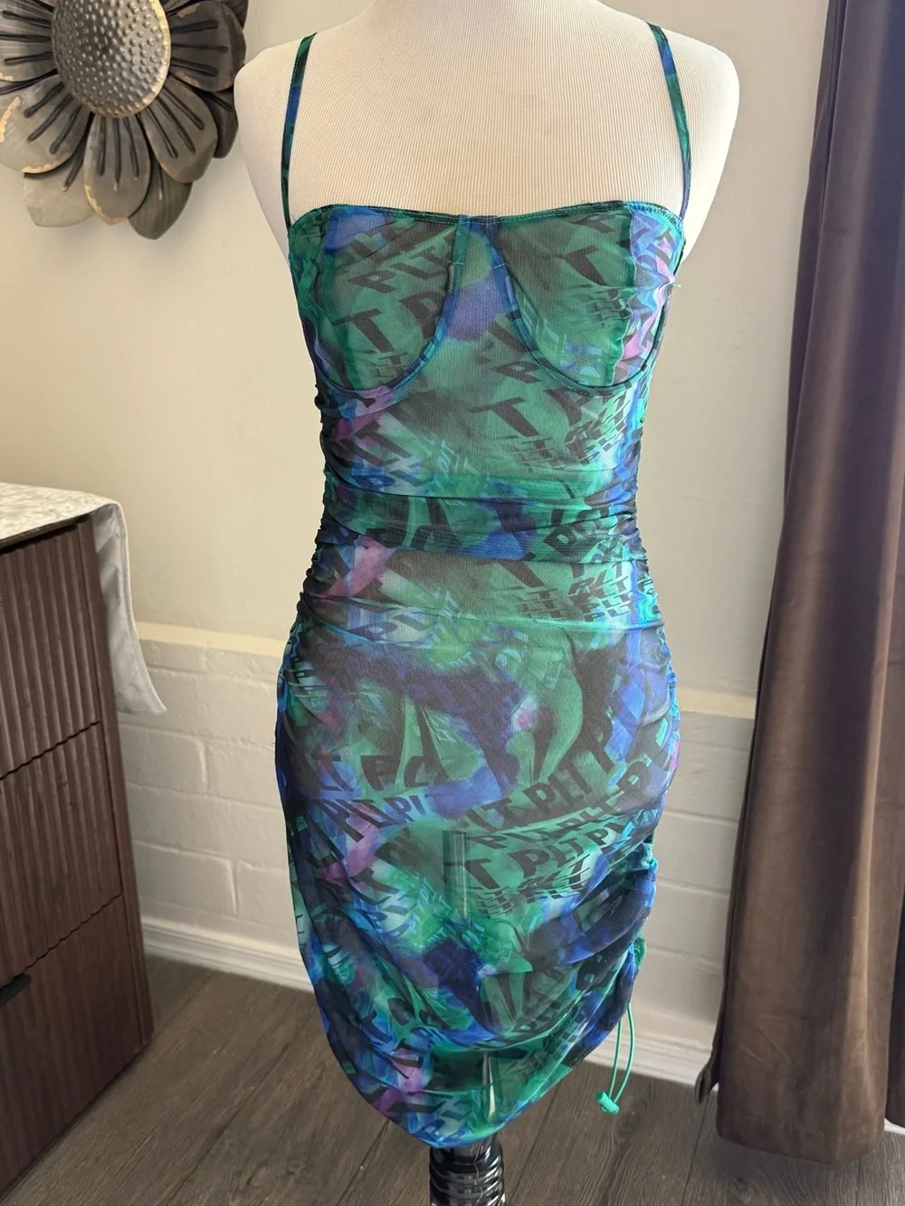 PrettyLittleThing Green & Blue Sheer Ruched Bustier Mini Dress